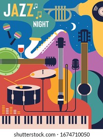 Colorfu jazz night poster design. Invitation for music festival. Vector design template with place for your text. Jazz poster music, musical band invitation illustration. Jazz music instrument backgro