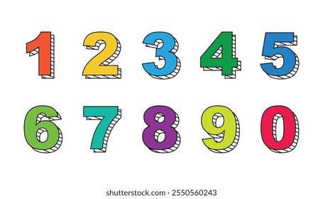 Colorful 1 to 10 3d number vector icon isolated on white background, 3d mathematical number and symbols. numbers symbols with 3d shadow lines