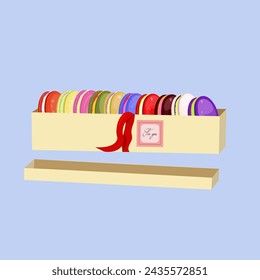 Colorful 10 macaroons in cream color box with red silk ribbon. Birthday, Valentine`s Day, Women`s Day, wedding, holiday gift. Traditional French dessert macaroons