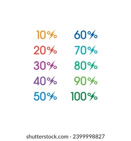 colorful 10-100 percent symbols with lightning symbols. percent sign group with lightning symbol. 10-100 face symbols for business, education world