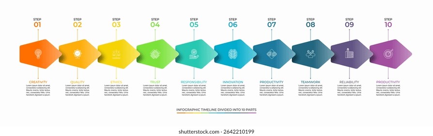 Modelo de vetor de linha do tempo infográfico colorido de 10 etapas. Layout simples e mínimo, ideal para apresentações, relatórios, planejamento de estratégia ou visuais corporativos. Totalmente editável e escalável.