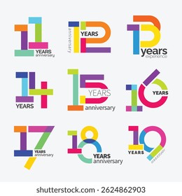Colorful 11-19 anniversary numbers set. Colorful logotype. simple congrats. isolated abstract graphic web design template. creative digits. 11 to 19 colorful number