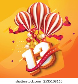 Diseño colorido del 13.º aniversario con globos rayados, cintas festivas y globos vibrantes contra un fondo naranja-amarillo brillante, celebrando un hito alegre.