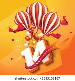 Diseño colorido del 14.º aniversario con globos rayados, cintas festivas y globos vibrantes contra un fondo naranja-amarillo brillante, celebrando un hito alegre.