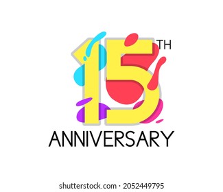 Colorful 15 year anniversary logo design. 15th birthday geometric vector. Celebration, happiness, trendy, and fun