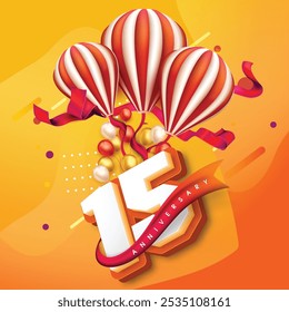 Diseño colorido del 15.º aniversario con globos rayados, cintas festivas y globos vibrantes contra un fondo naranja-amarillo brillante, celebrando un hito alegre.