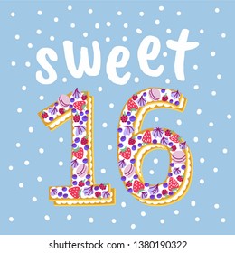 Colorful 16 years birthday card. Trendy number cookie cakes, layered cream tarts decorated with macarons, forest berries (strawberries, blueberries, raspberries), meringues. Square layout.