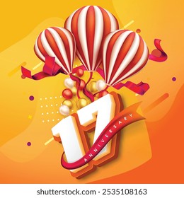 Diseño colorido del 17º aniversario con globos a rayas, cintas festivas y globos vibrantes contra un fondo amarillo anaranjado brillante, celebrando un hito alegre.