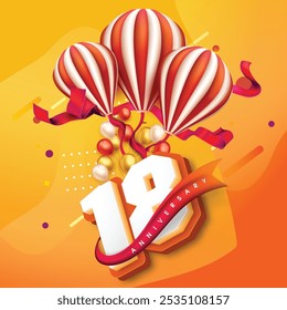 Diseño colorido del 18º aniversario con globos a rayas, cintas festivas y globos vibrantes contra un fondo amarillo anaranjado brillante, celebrando un hito alegre.