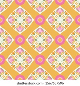 Colorful 1960s fashion seamless pattern, golden yellow and hot pink. Groovy all over print with intricate details, fun and pretty. Great for textiles, paper, home decor, fashion and party decorations.