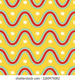 Colorful 1970's pop art seamless stylized wave pattern in red, yellow and turquoise. Fun throwback beachy vector repeat. Has a California surf feel, great for party invitations, fashion and textiles.