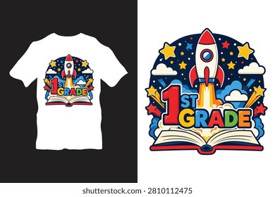 Colorful 1st Grade Rocket T-Shirt Design, Kids Education Vector Graphic, School Theme Illustration, Educational Apparel