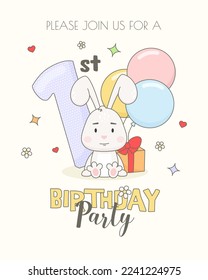 Colorful 1th birthday invitation card template with cute bunny, gift box and balloons.