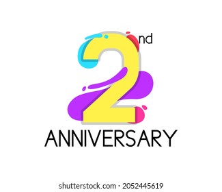Colorful 2 year anniversary logo design. 2nd birthday geometric vector. Celebration, happiness, trendy, and fun