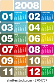 Colorful 2008 calendar, vertical format.