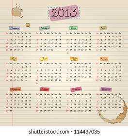 Colorful 2013 Calendar in vintage style. Weeks start with Sunday. Vector illustration. Easy to edit.