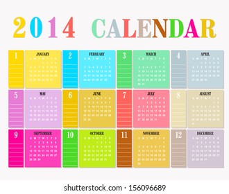 Colorful 2014 Calendar / 2014 calendar design / 2014 Monthly Calendar - week starts with sunday 