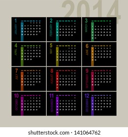 colorful 2014 calendar design on dark background - week starts with sunday