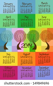 Colorful 2014 calendar with seasonal trees