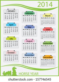 Colorful 2014 monday start calendar template on green frame. Easy to edit calender illustration with horse figures. Abstract isolated calendar vector design. 