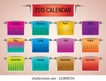 Colorful 2015 calendar in us style, start on sunday, each month with individual table. 
