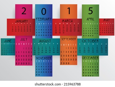 Colorful 2015 calendar in us style, start on sunday, each month with individual table. 