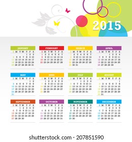 Colorful 2015 Calendar. Week starts with sunday. Vector graphic template.