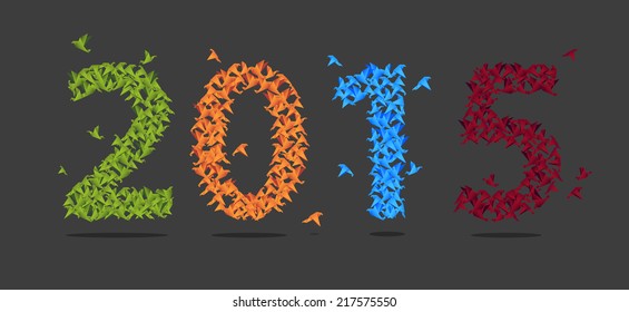Colorful 2015 new year with origami paper bird. Abstract. Vector