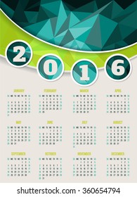 Colorful 2016 calendar template design with abstract triangle background