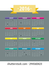 Colorful 2016 Calendar. Week starts with sunday. Vector graphic template.