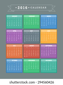 Colorful 2016 Calendar. Week starts with sunday. Vector graphic template.