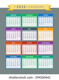 Colorful 2016 Calendar. Week starts with sunday. Vector graphic template.