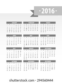 Colorful 2016 Calendar. Week starts with sunday. Vector graphic template.