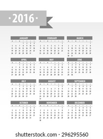 Colorful 2016 Calendar. Week starts with monday. Vector graphic template.
