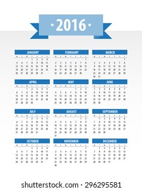 Colorful 2016 Calendar. Week starts with monday. Vector graphic template.