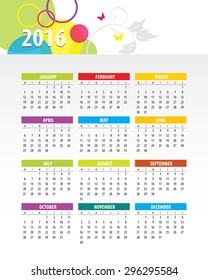 Colorful 2016 Calendar. Week starts with monday. Vector graphic template.