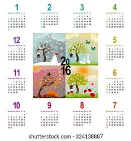 colorful 2016 calendar - week starts with sunday - with four seasons illustration featuring a tree, birdhouse, birds, pumpkins and snowman