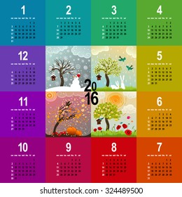 colorful 2016 calendar - week starts with sunday - with four seasons illustration featuring a tree, birdhouse, birds, pumpkins and snowman