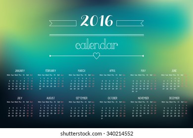 Colorful 2016 Calendar. Weeks start with Monday. Vector illustration. Easy to edit.