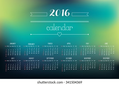 Colorful 2016 Calendar. Weeks start with Sunday. Vector illustration. Easy to edit.