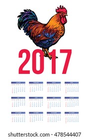 Colorful 2017 calendar with sketch rooster - symbol of year, vector illustration isolated on white background. Calendar template for the year 2017 with a color block rooster, week starts from Sunday