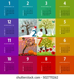 colorful 2017 calendar - week starts with sunday - with four seasons illustration featuring a tree, birdhouse, birds, bunnies, pumpkins and snowman