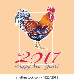 Colorful 2017 New Year greeting card with rooster - symbol of the year, vector illustration. New Year greeting card design for 2017, the year of Red Rooster