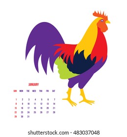 Colorful 2017 New Year greeting card with rooster - symbol of the year, vector illustration isolated on white background.