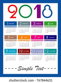 Colorful 2018 calendar editable vector, illustration template