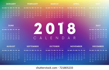 Colorful 2018 Calendar. Weeks start with Sunday. Vector illustration.