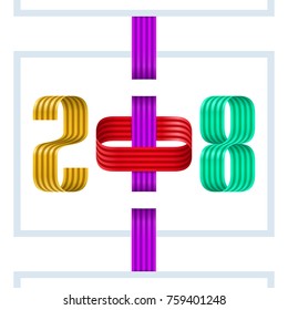 colorful 2018 happy new year red ribbon on white background