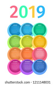 Colorful 2019 calendar from multicolored circles. Week starts on Sunday. EPS 10 Vector.