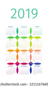 Colorful 2019 calendar with multicolored patterns on white. Week starts on Sunday. EPS 10 Vector.