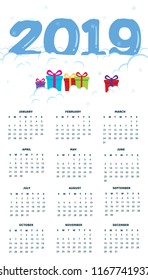 Colorful 2019 new year frozen numbers, snowdrifts, gifts and snowflakes calendar template with background flat style vector illustration in minimal clean style